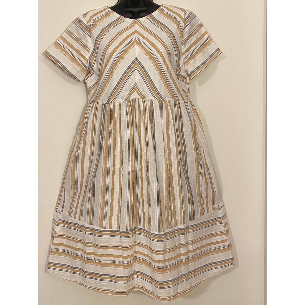 Ces Femme Striped Babydoll Dress‎ Small Tan Blue White Cotton Short Sleeve